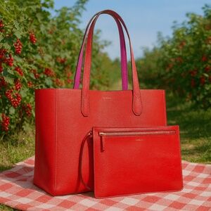 NEW Tory Burch Perry Brilliant Red/Crazy Pink Leather Reversible Mini Tote Bag